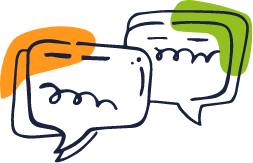 Overlapping speech bubbles in dark blue outlines with orange and green accents, symbolizing a conversation or discussion.