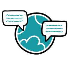 Blue globe with stylized clouds and teal text bubbles around it, symbolizing global communication and information sharing.